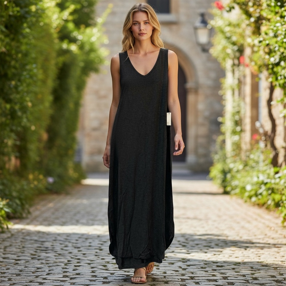 Daily Ritual Charcoal Sleeveless V-Neck Midi Dress